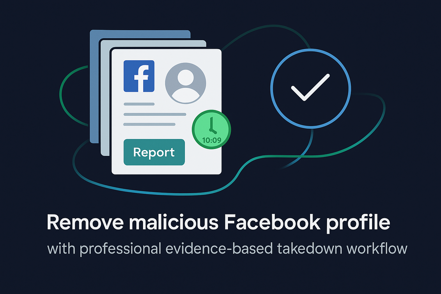Facebook ban service workflow showing evidence collection, report filing, and enforcement tracking