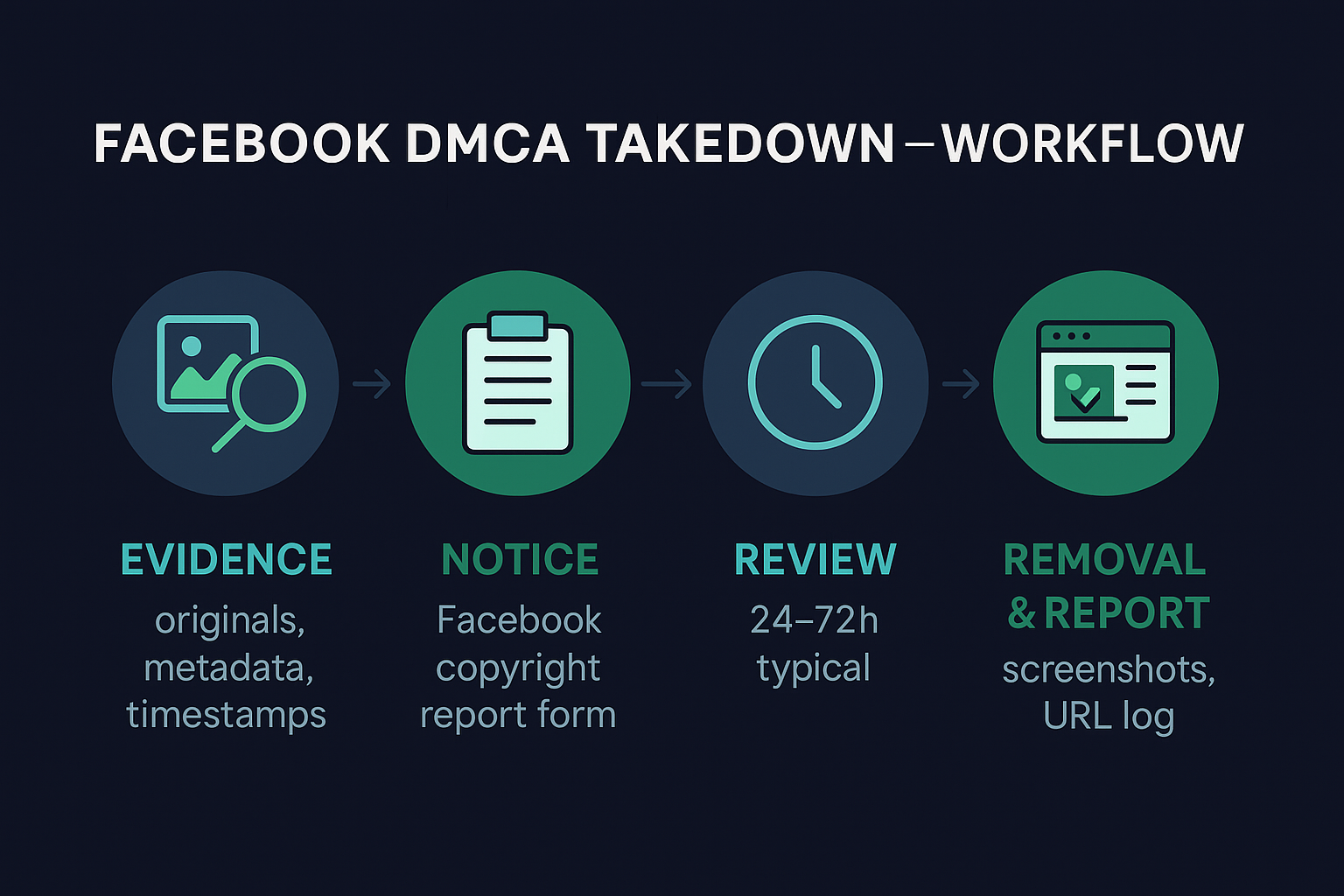 DMCA takedown filing process on Facebook showing the official copyright report form steps