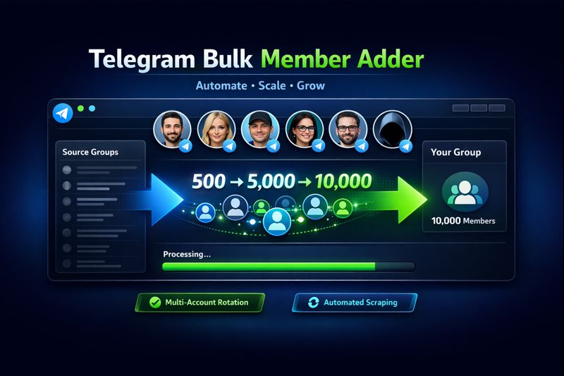 Telegram member adder software dashboard showing bulk member adding interface with multi-account rotation
