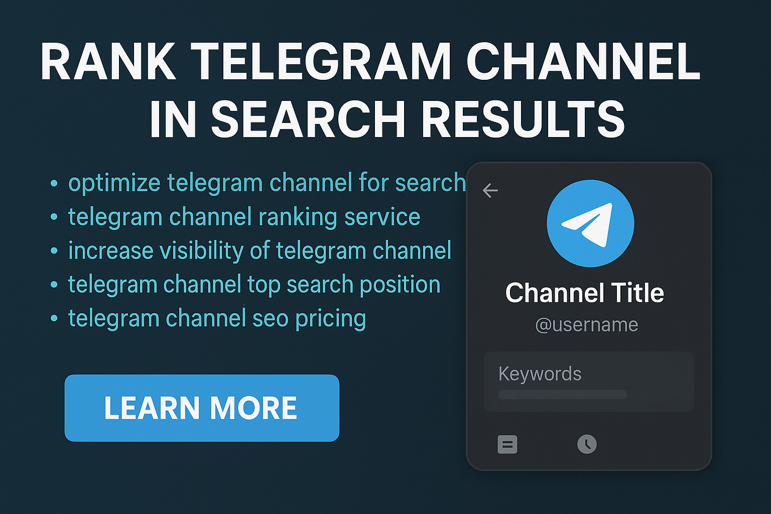 Telegram channel ranking service dashboard showing search position improvements across multiple channels