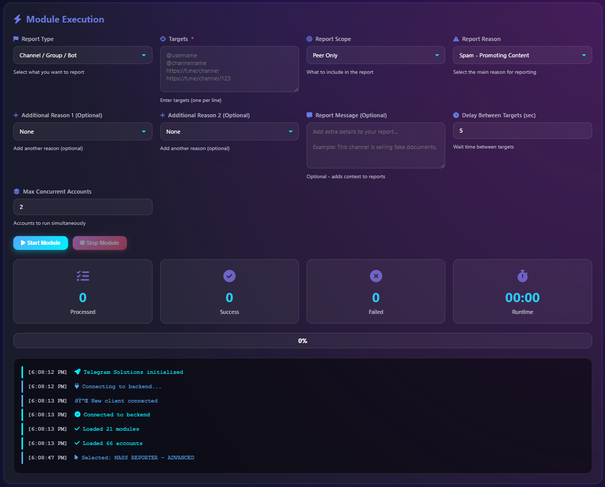 Key features of a Telegram mass report bot including multi-account support and batch processing