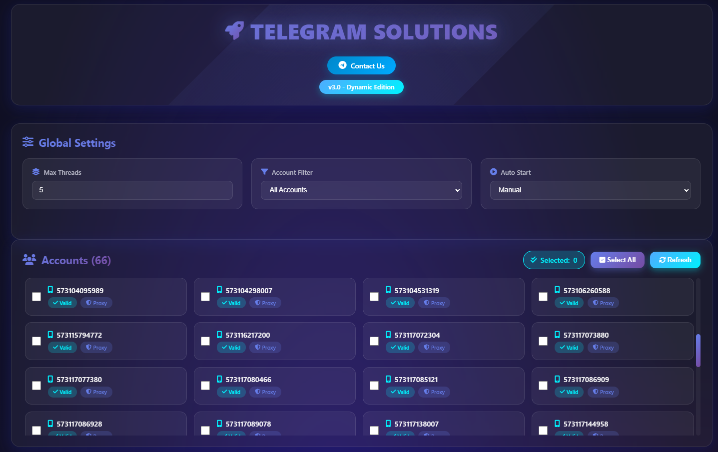 Telegram mass report bot software dashboard showing multi-account batch reporting interface