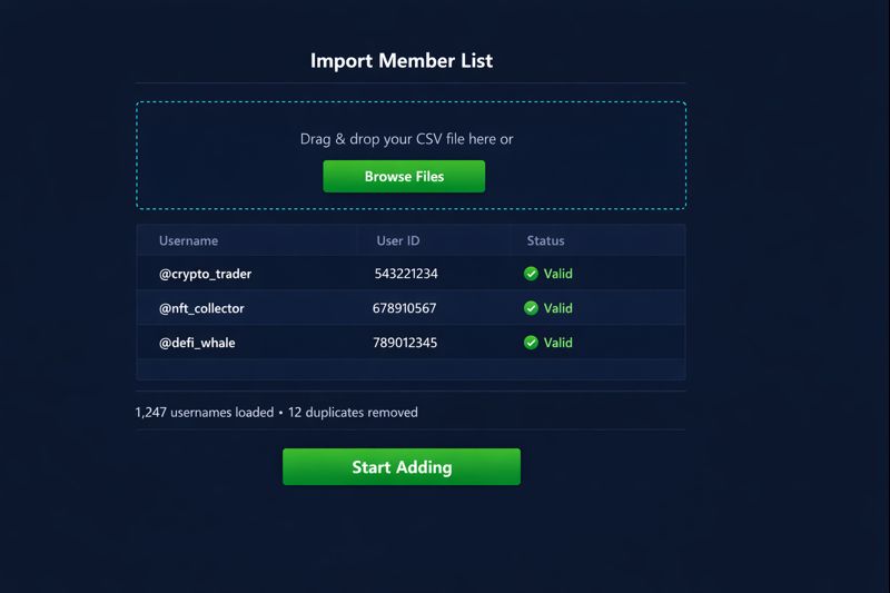 CSV import interface in telegram member adder tool with username list and configuration options