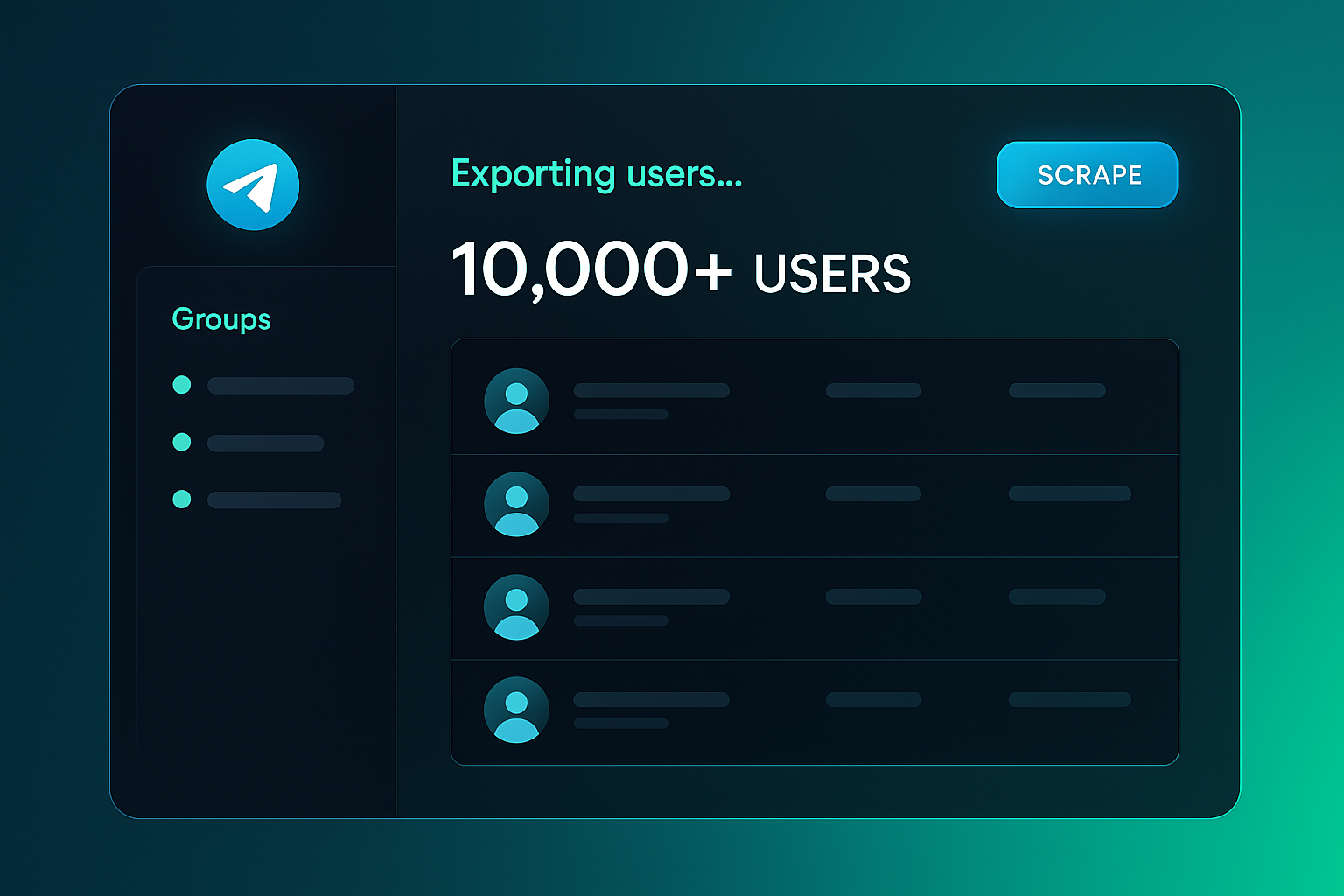 Your Supplier Guy managed Telegram scraping service dashboard showing extraction pipeline and filtered data delivery
