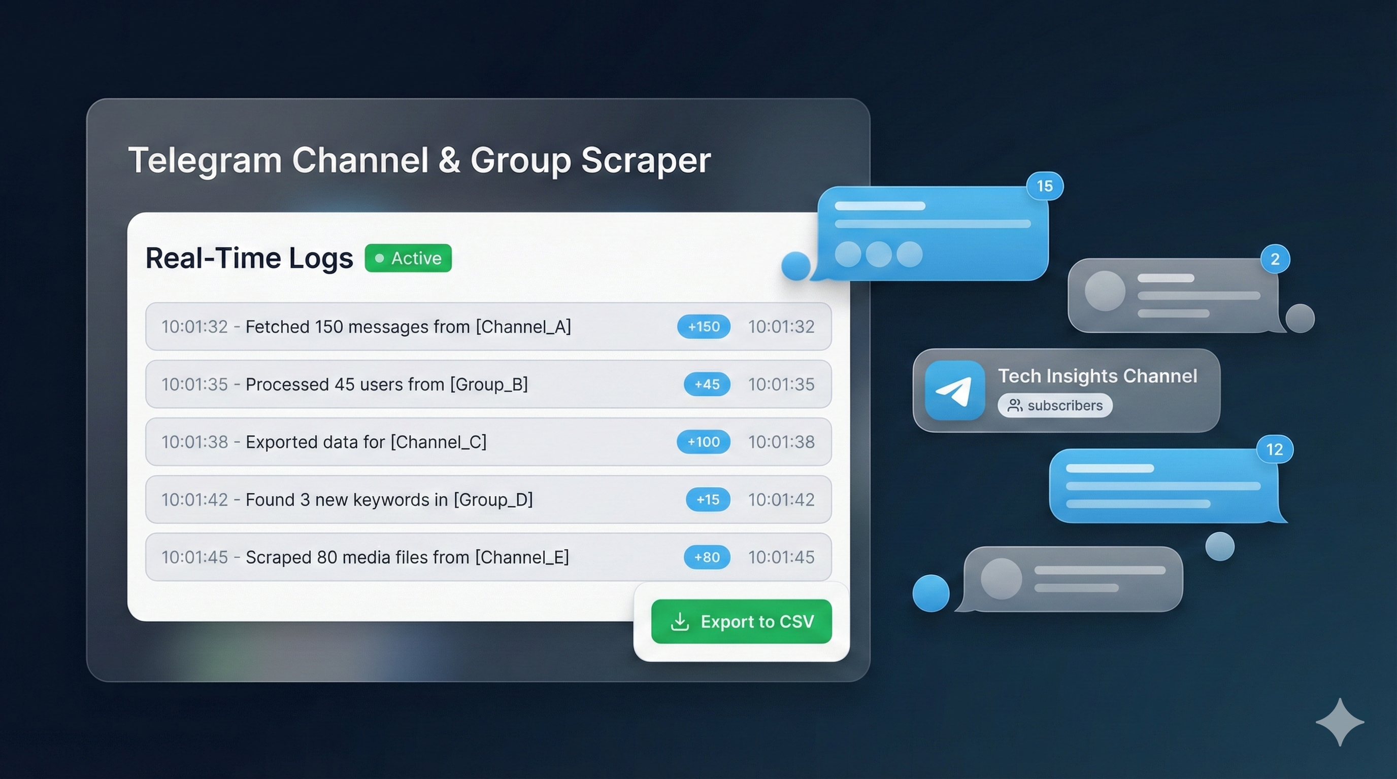 Telegram group scraper dashboard showing member extraction interface with filtering options and data export